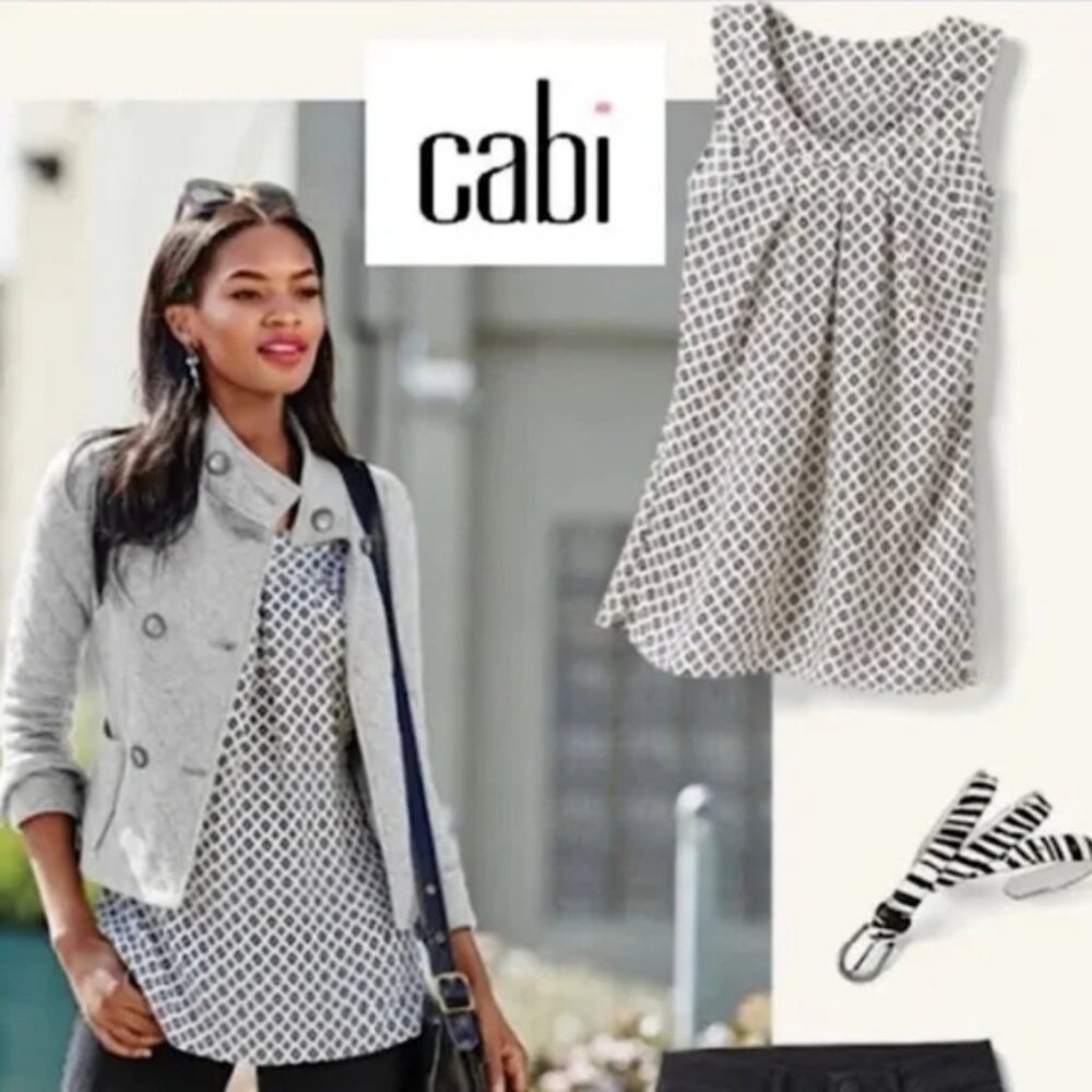 CAbi Light and breezy sleeveless top with navy and light blue diamond pattern